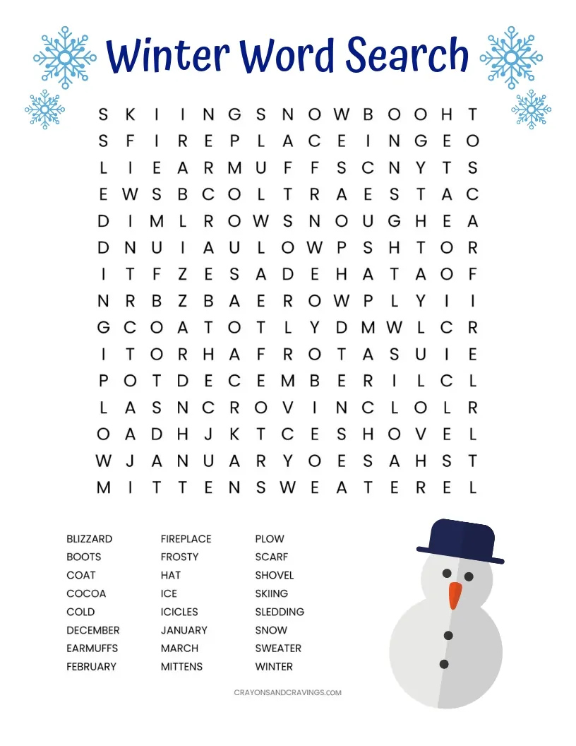 Winter Word Search Free Printable Worksheet
