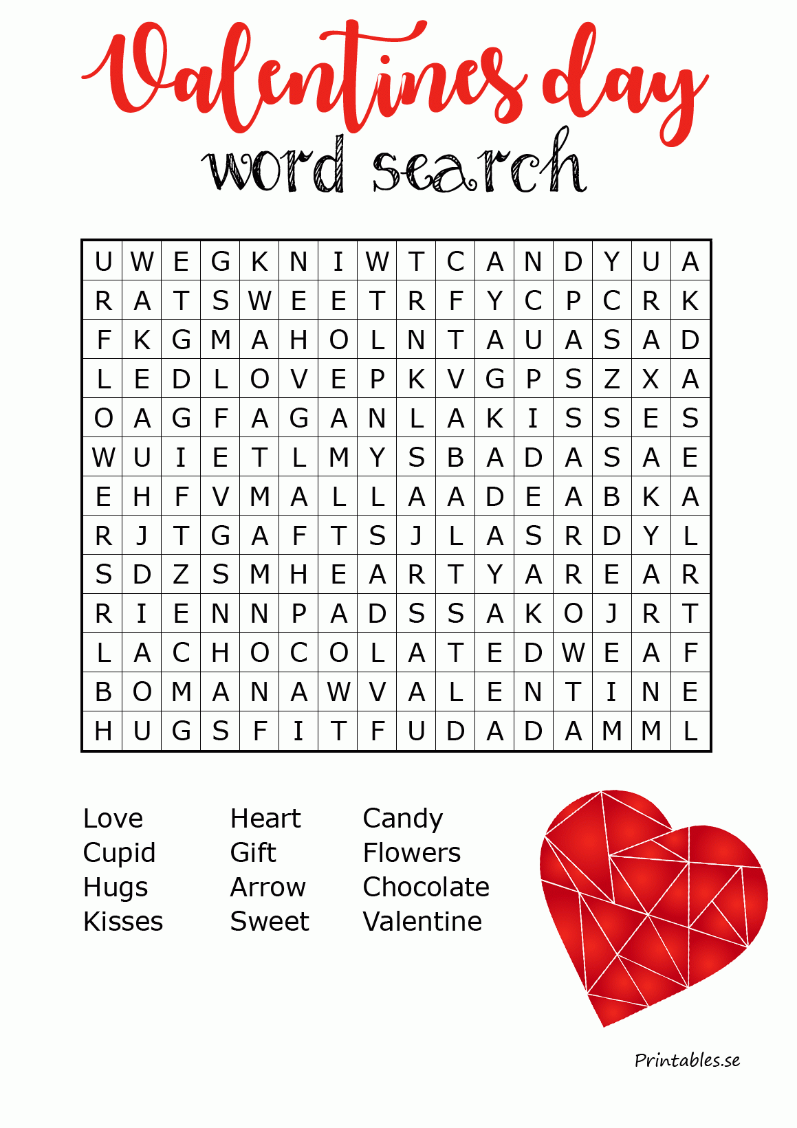 Word Search For Valentines Day free Printable 