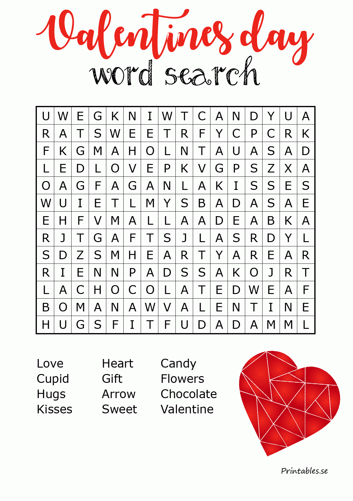 Word Search For Valentines Day free Printable