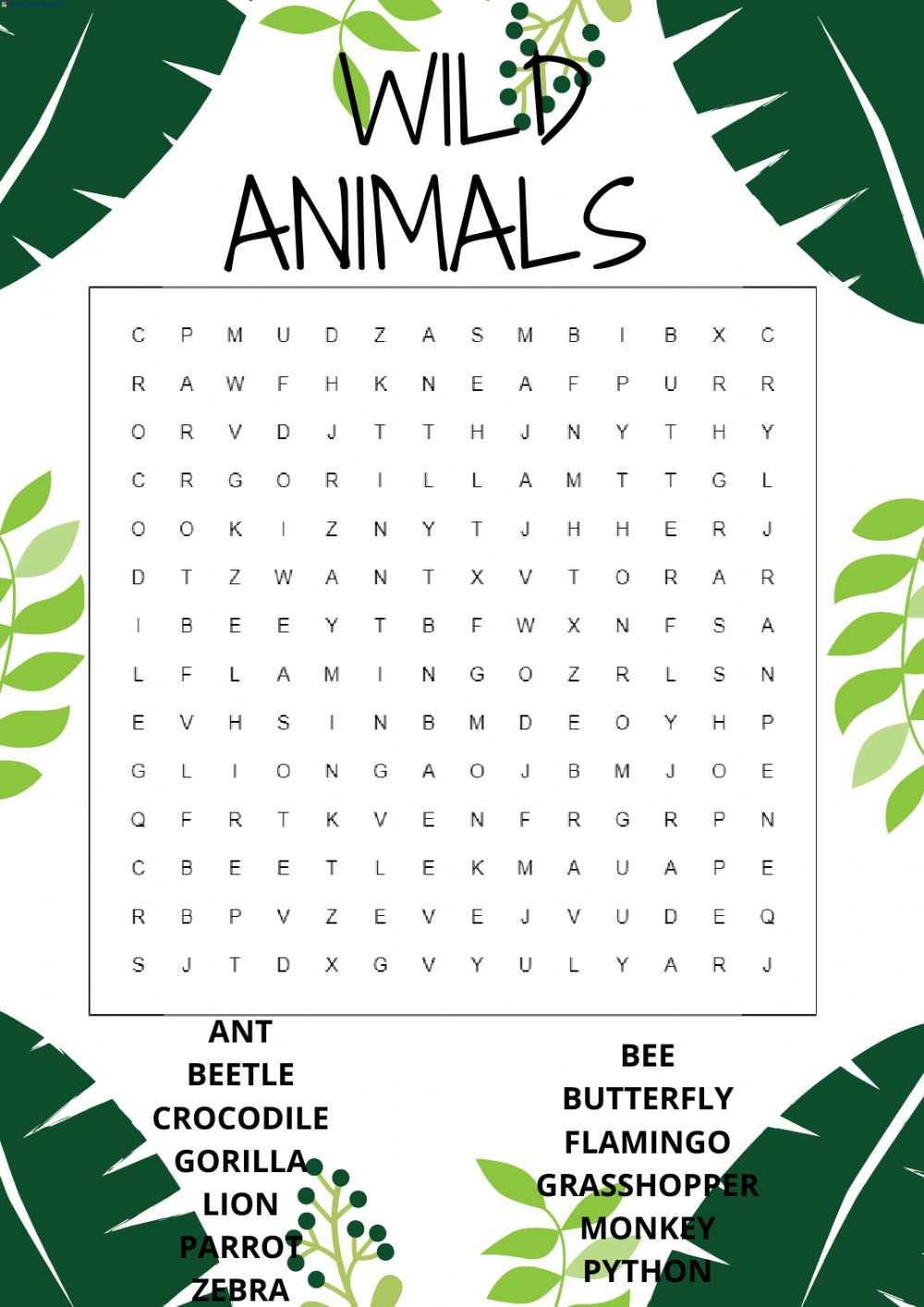 Word Search Wild Animals Worksheet