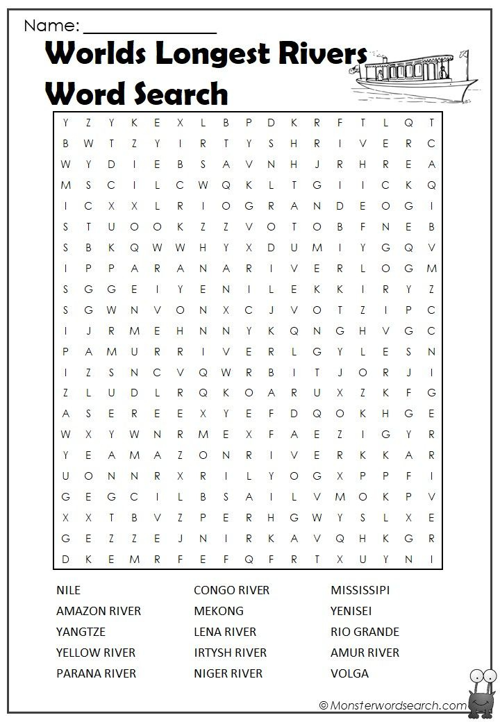 Worlds Longest Rivers Word Search Monster Word Search Word Find 