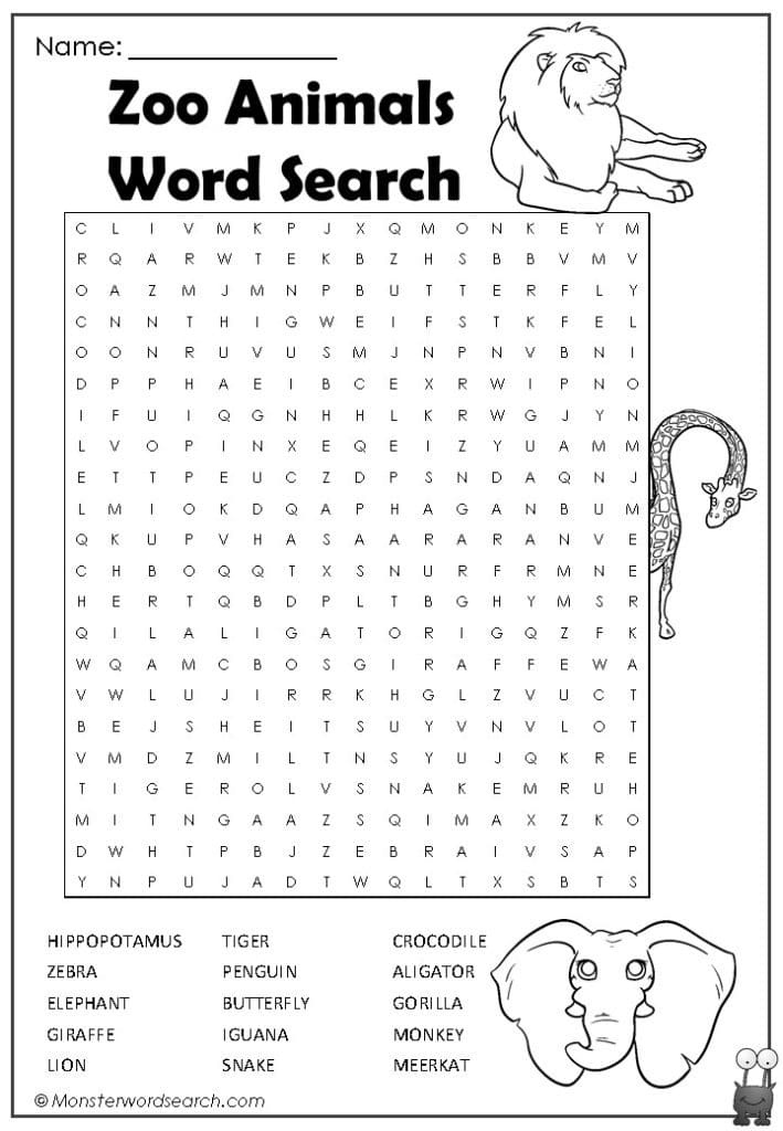 Zoo Animals Word Search Monster Word Search