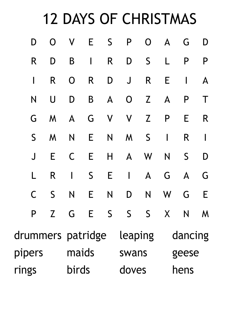 12 Days Of Christmas Word Search - Wordmint within 12 Days Of Christmas Word Search Answers