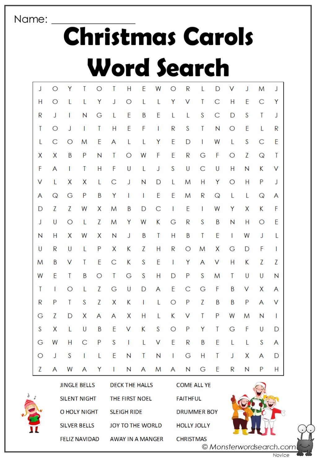 Christmas Carols Word Search - Monster Word Search for Christmas Carols Word Search