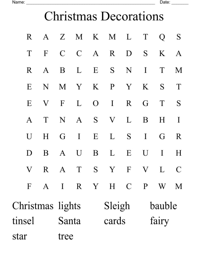 Christmas Decorations Word Search