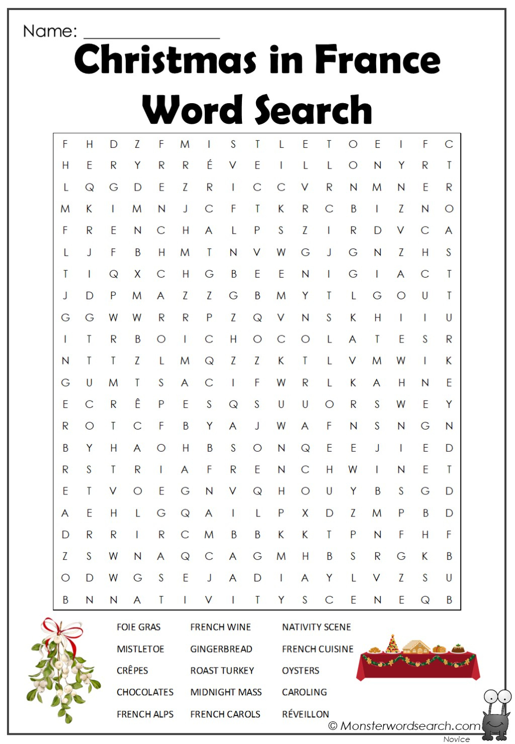 Christmas In France Word Search - Monster Word Search regarding Christmas French Word Search