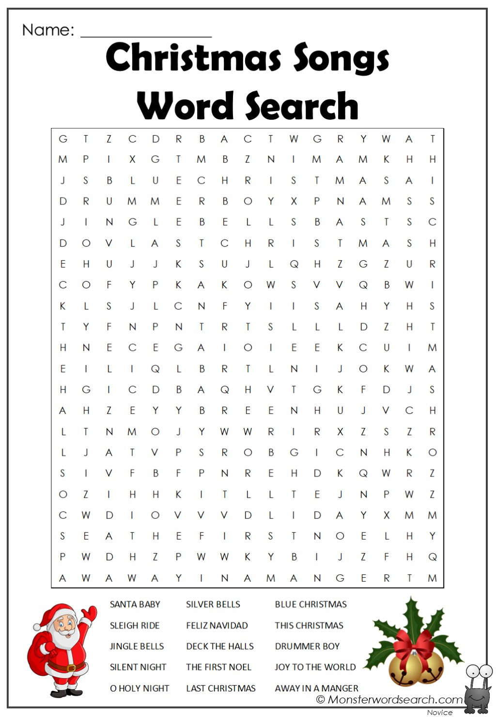 Christmas Songs Word Search - Monster Word Search regarding Christmas Song Word Search