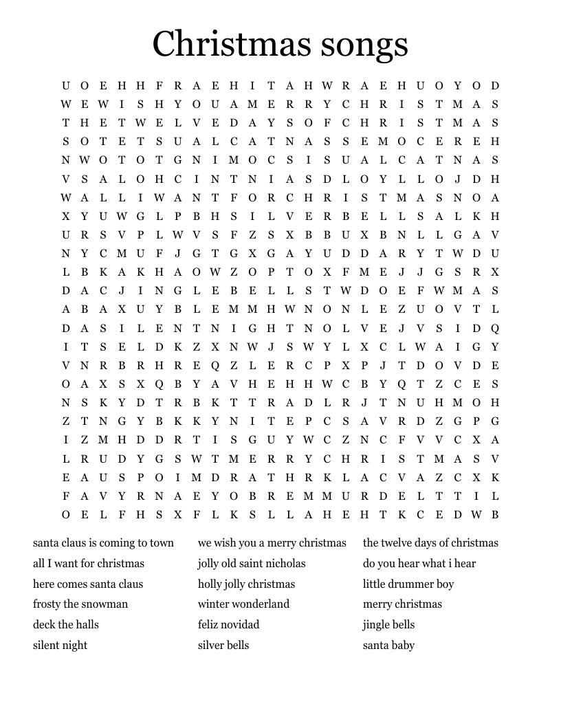 Christmas Songs Word Search - Wordmint with Christmas Music Word Search