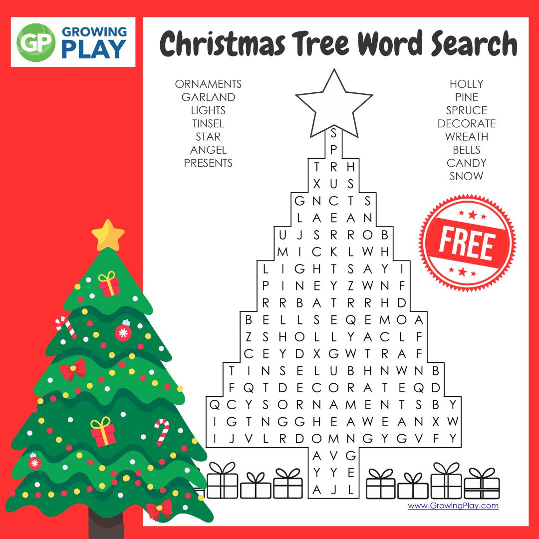 Christmas Tree Word Search - Free Printable - Growing Play with Christmas Tree Word Search