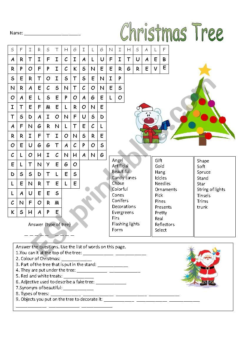 Christmas Tree Wordsearch - Esl Worksheetmanonski (F) intended for Christmas Tree Word Search Answer Key