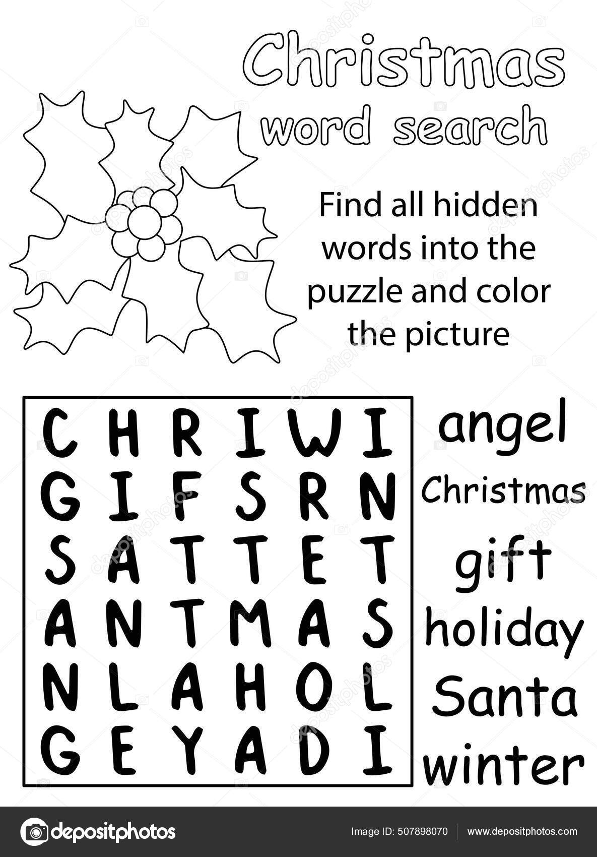 Christmas Word Search Puzzle For Kids Black And White Version With regarding Christmas Word Search Coloring Pages