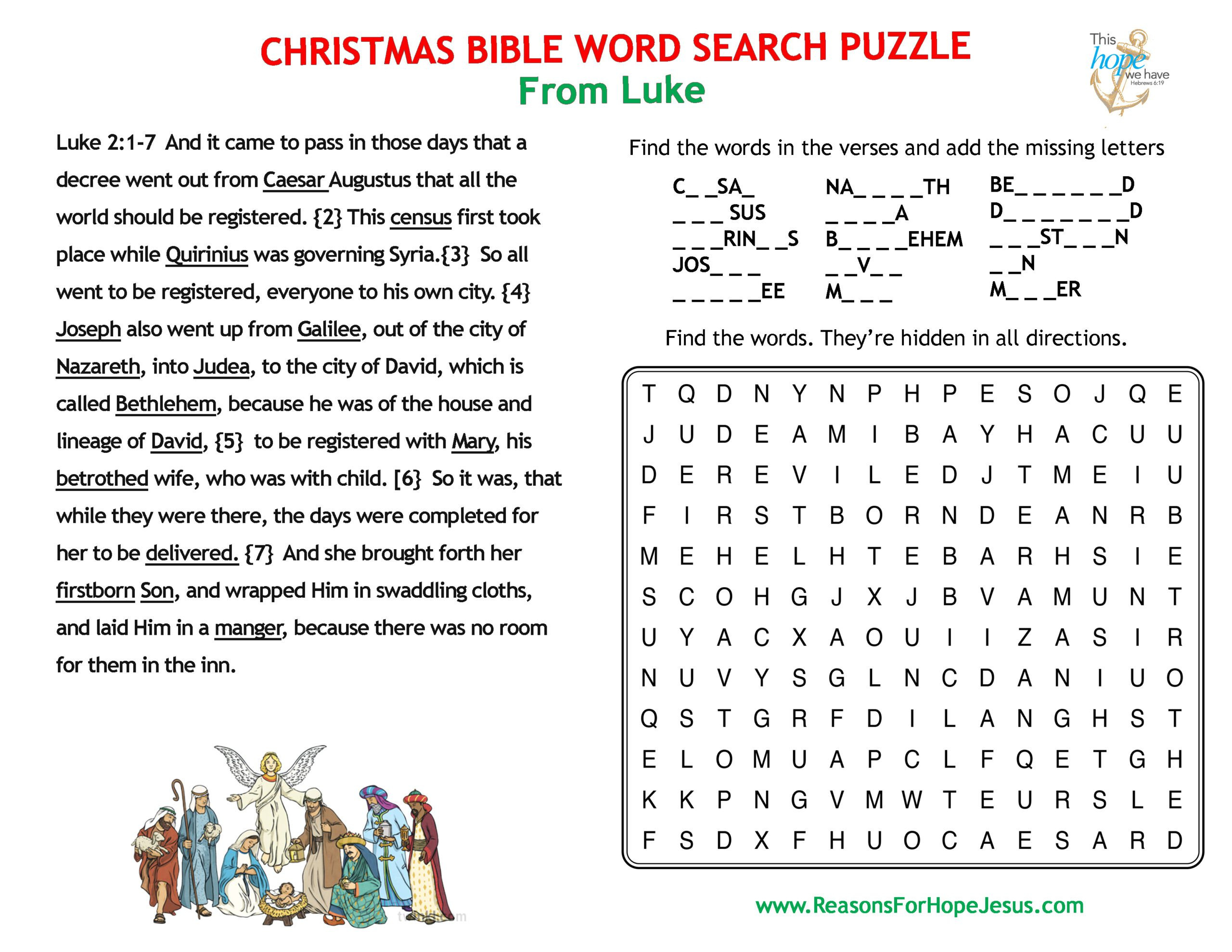 Christmas Word Search Puzzle From Luke » Reasons For Hope* Jesus intended for Bible Christmas Word Search