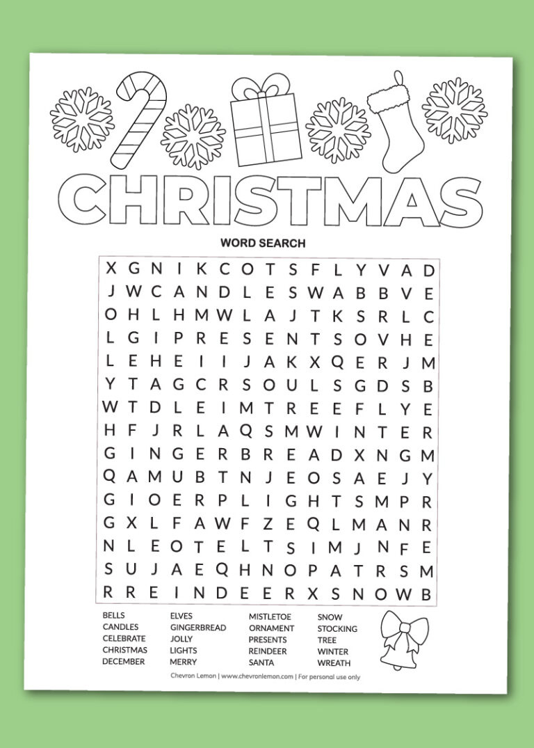 Printable Christmas Word Search - Chevron Lemon for Christmas Themed Word Search