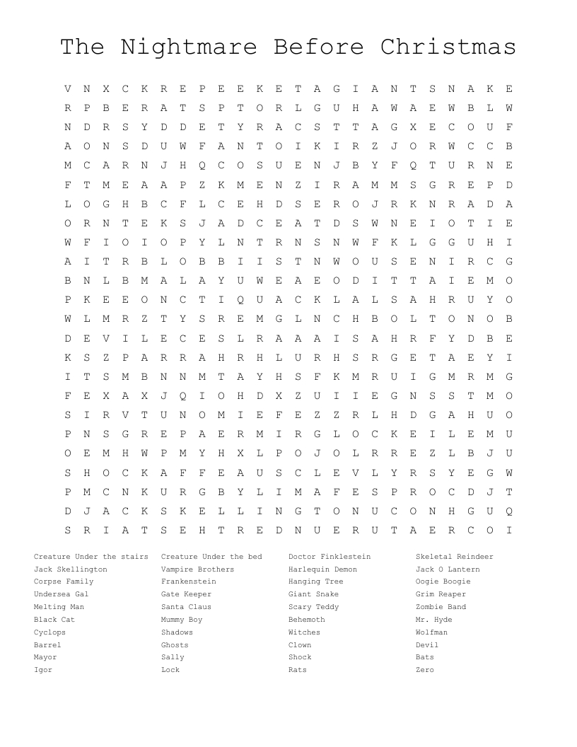 The Nightmare Before Christmas Word Search - Wordmint in Nightmare Before Christmas Word Search