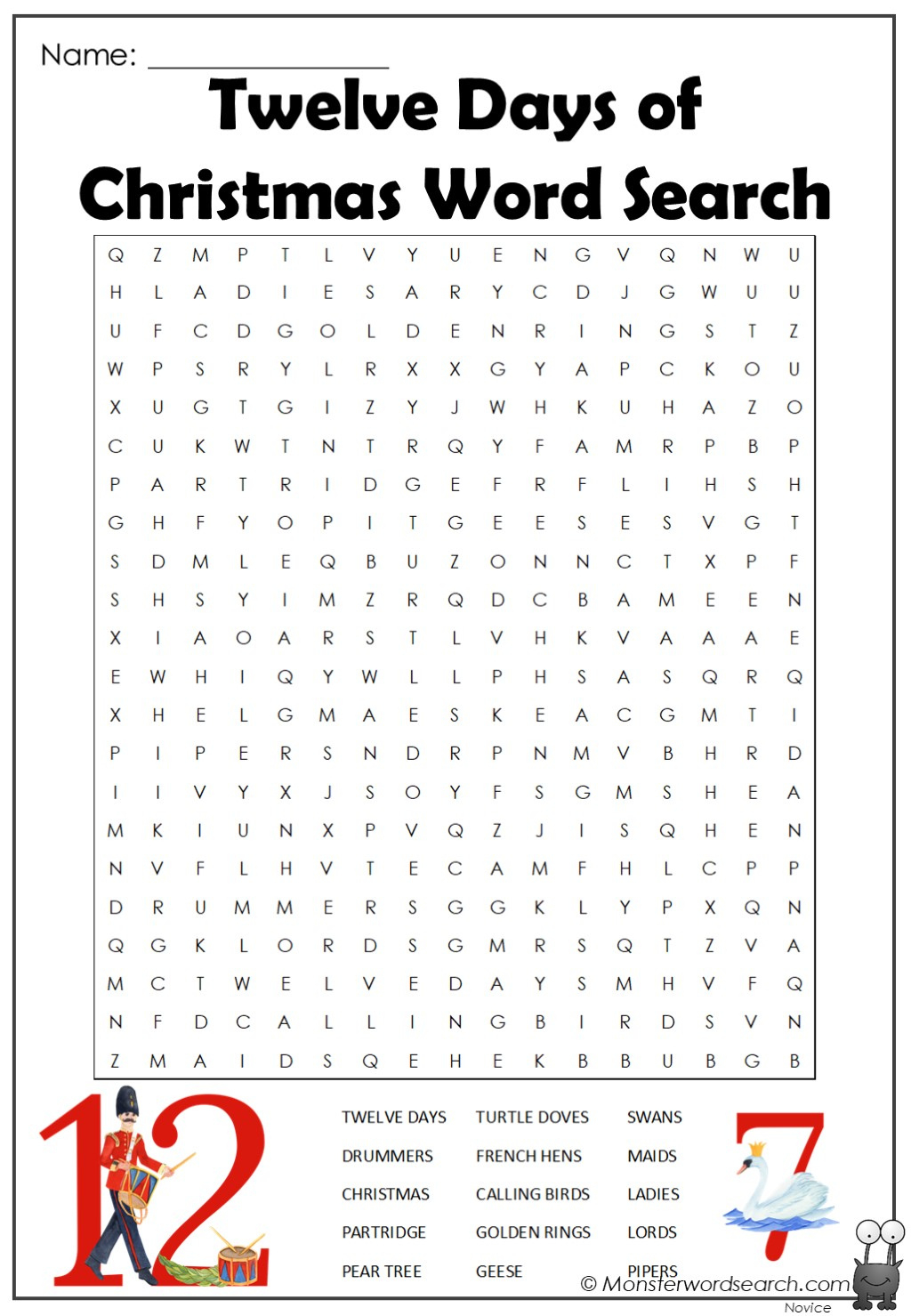 Twelve Days Of Christmas Word Search - Monster Word Search within 12 Days Of Christmas Word Search