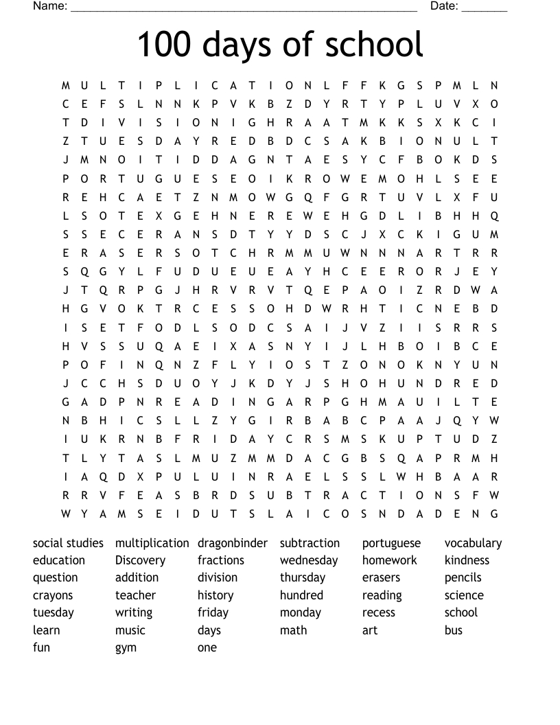 100 Days Of School Word Search - Wordmint inside 100 Word Search Free Printable