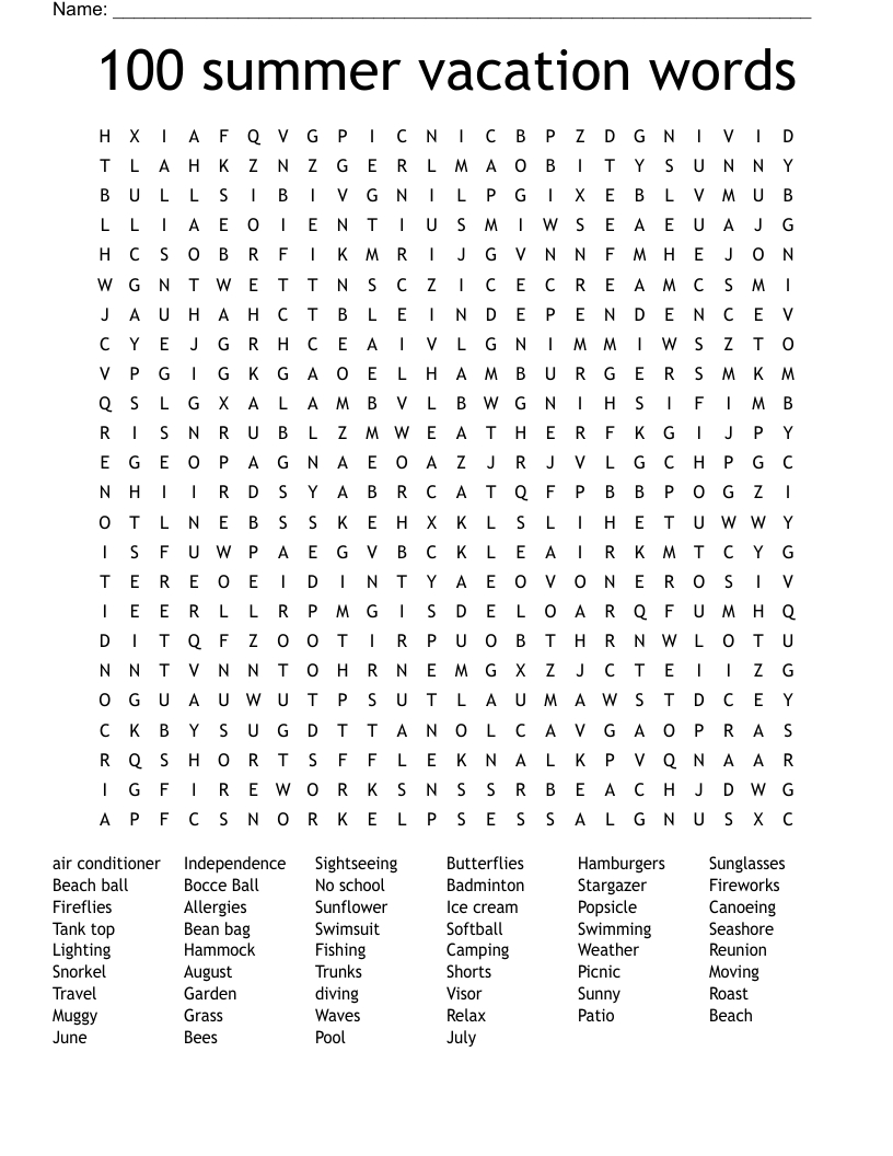 100 Summer Vacation Words Word Search - Wordmint with Printable Word Search 100 Words