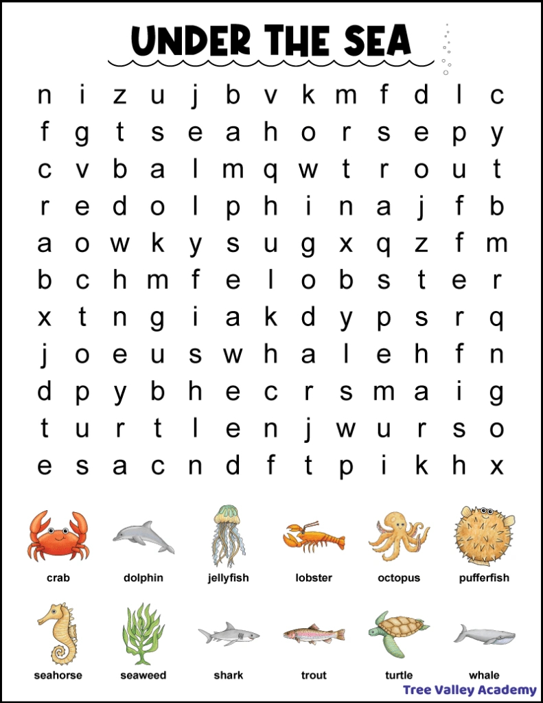 1St Grade Ocean Word Search - Tree Valley Academy regarding Printable Word Search For First Grade