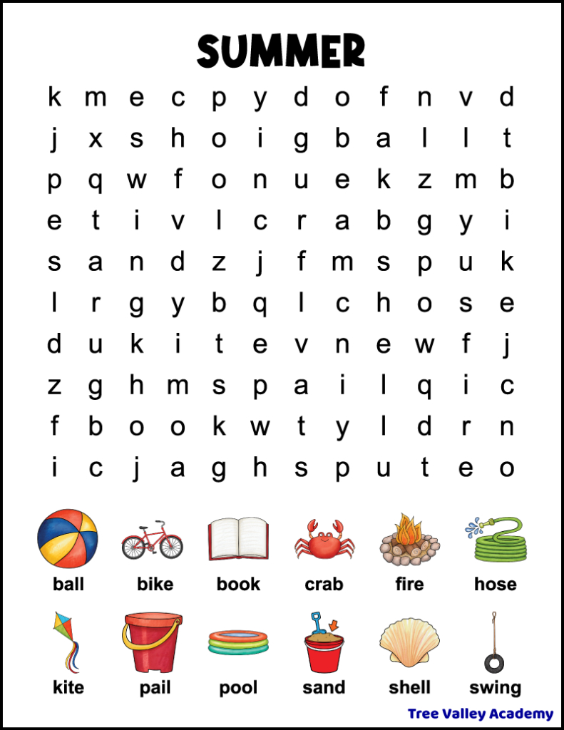 1St Grade Summer Word Search - Tree Valley Academy within Free Printable Word Search Grade 1