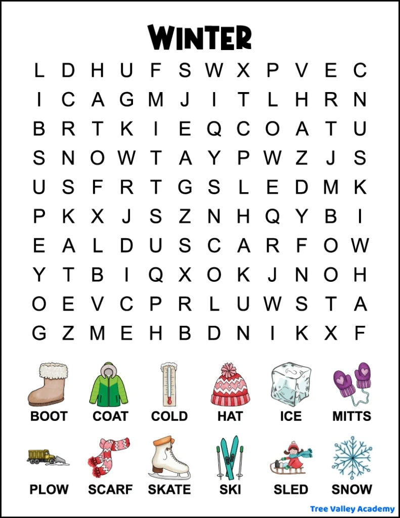 1St Grade Winter Word Search - Tree Valley Academy within Free Printable Word Search Puzzles Winter