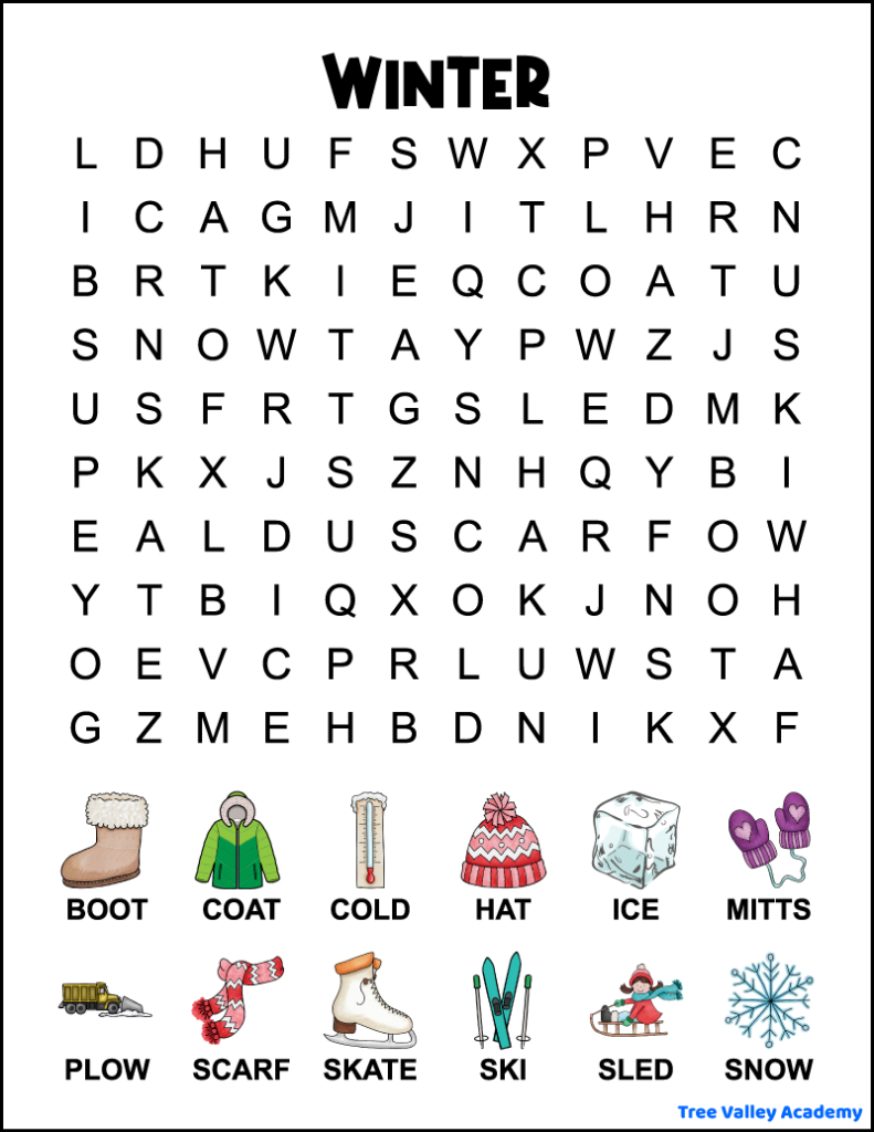 1St Grade Winter Word Search - Tree Valley Academy within Word Search Printable Winter