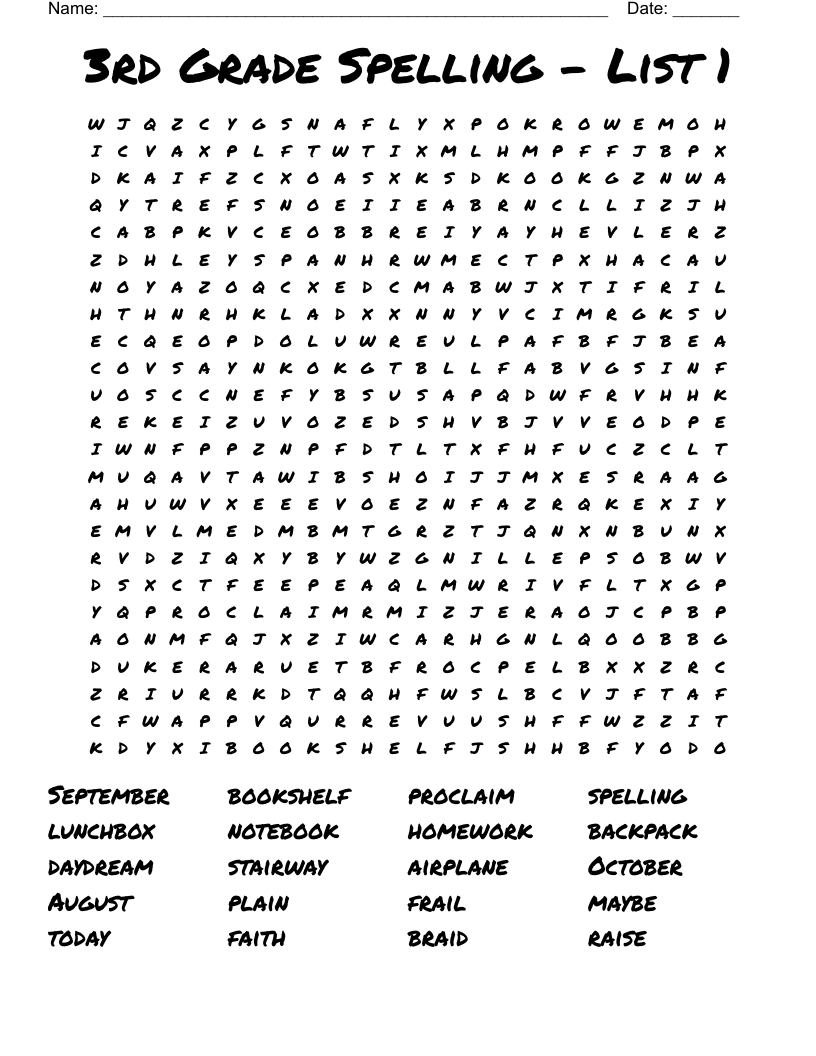 3Rd Grade Spelling - List 1 Word Search - Wordmint with regard to Printable Word Searches For 3Rd Graders