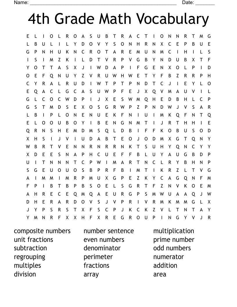 4Th Grade Math Vocabulary Word Search - Wordmint in Grade 4 Word Search Printable