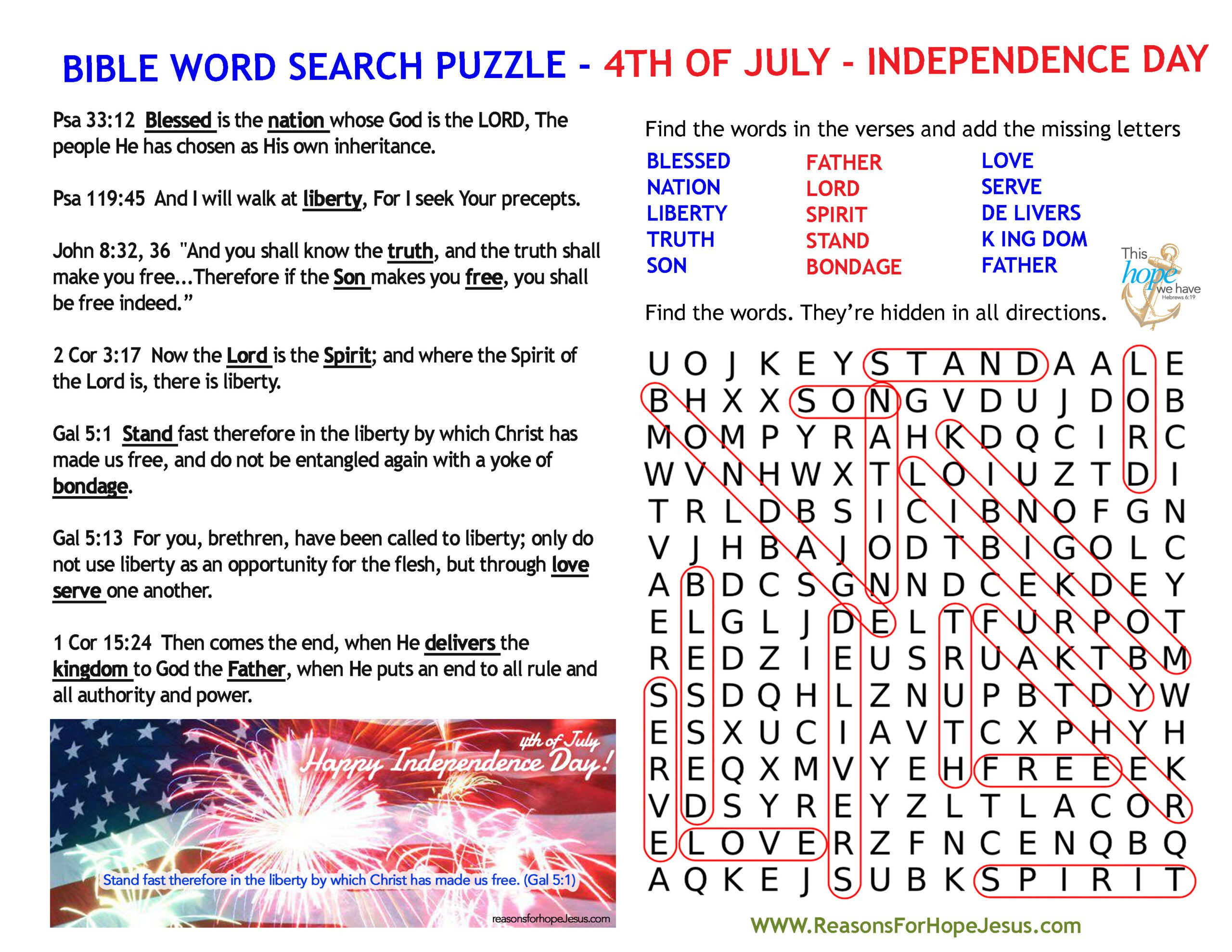 4Th Of July Word Search Puzzle » Reasons For Hope* Jesus in Free Printable Bible Word Search About Freedom