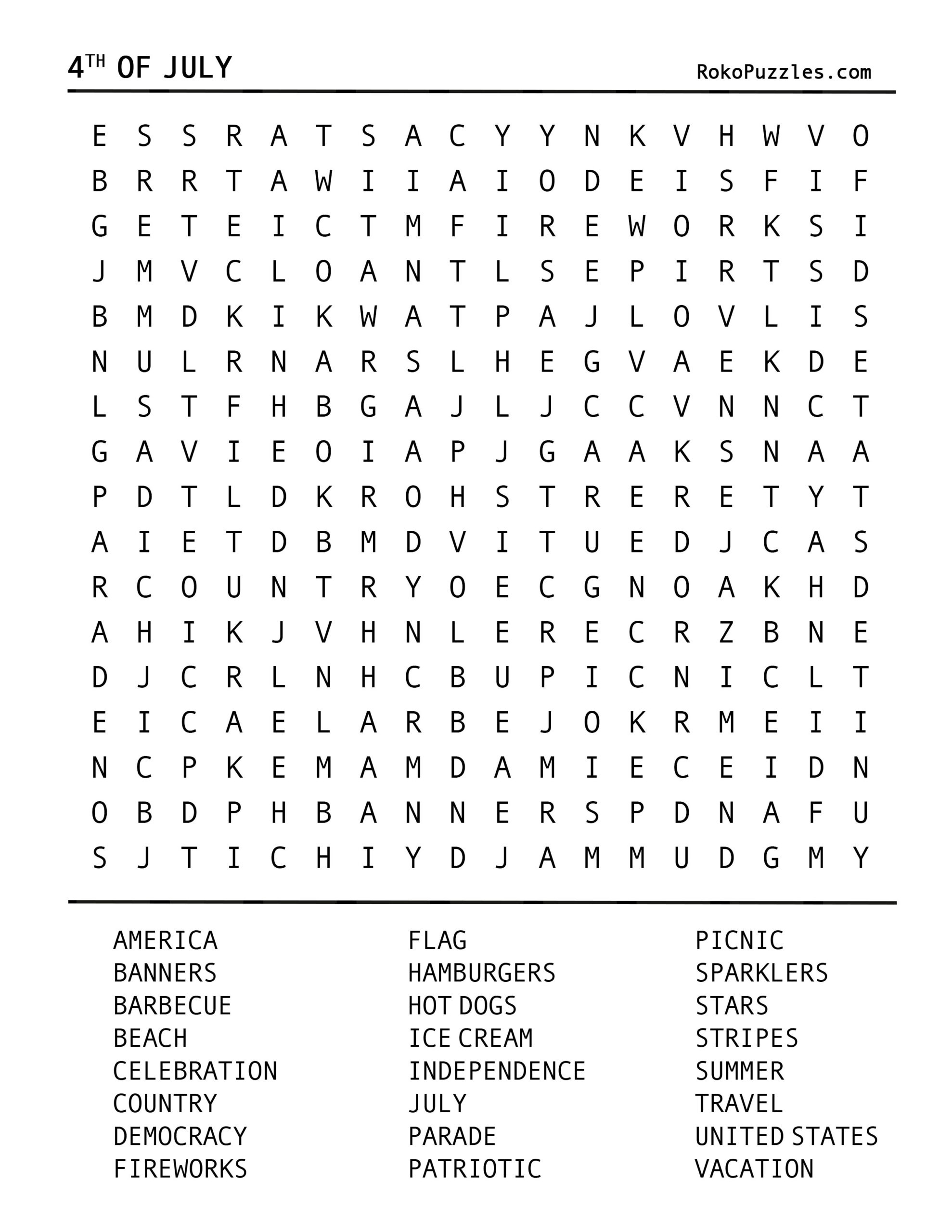 4Th Of July Word Search – Rokopuzzles in 4th of July Word Search Puzzle Printable