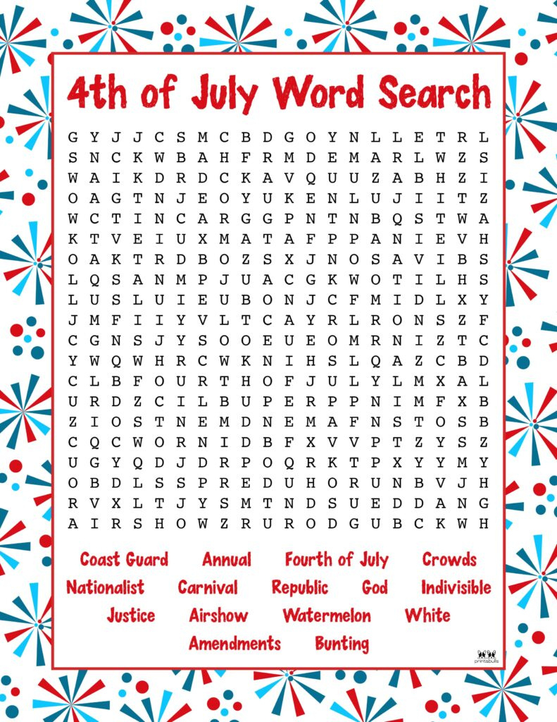4Th Of July Word Searches - 20 Pages | Printabulls for 4Th Of July Word Search Free Printable