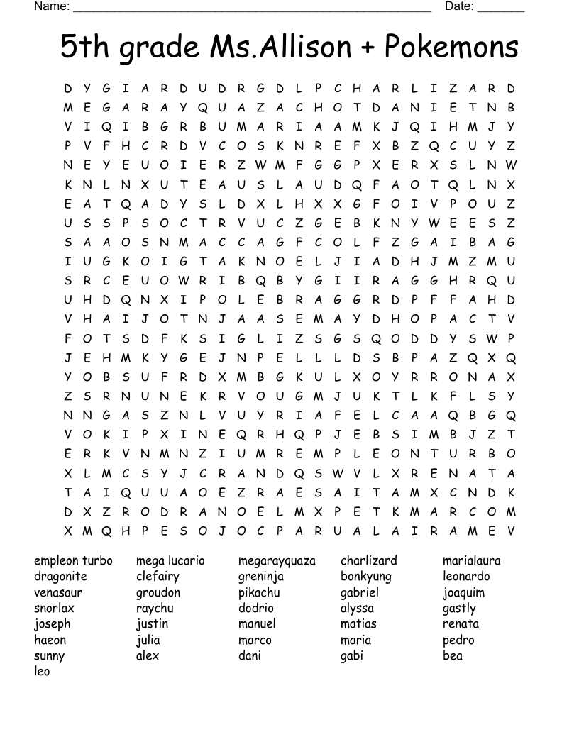 5Th Grade Ms.allison + Pokemons Word Search - Wordmint intended for Printable Word Search For 5Th Graders
