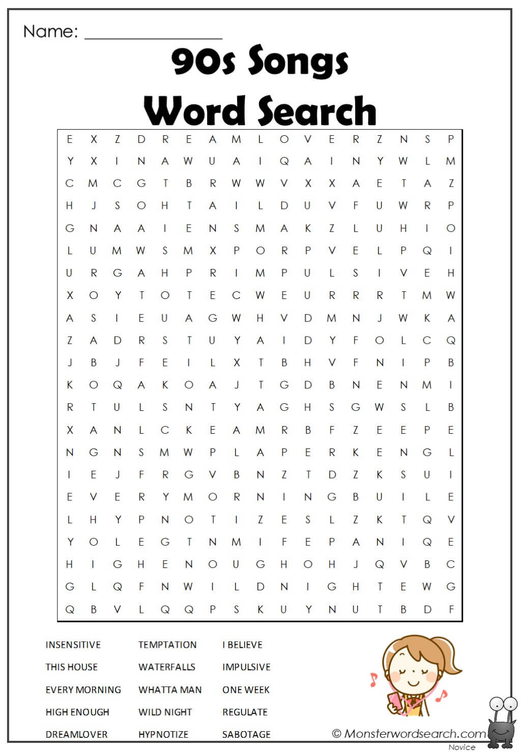 90S Songs Word Search - Monster Word Search with regard to 90S Music Word Search Printable