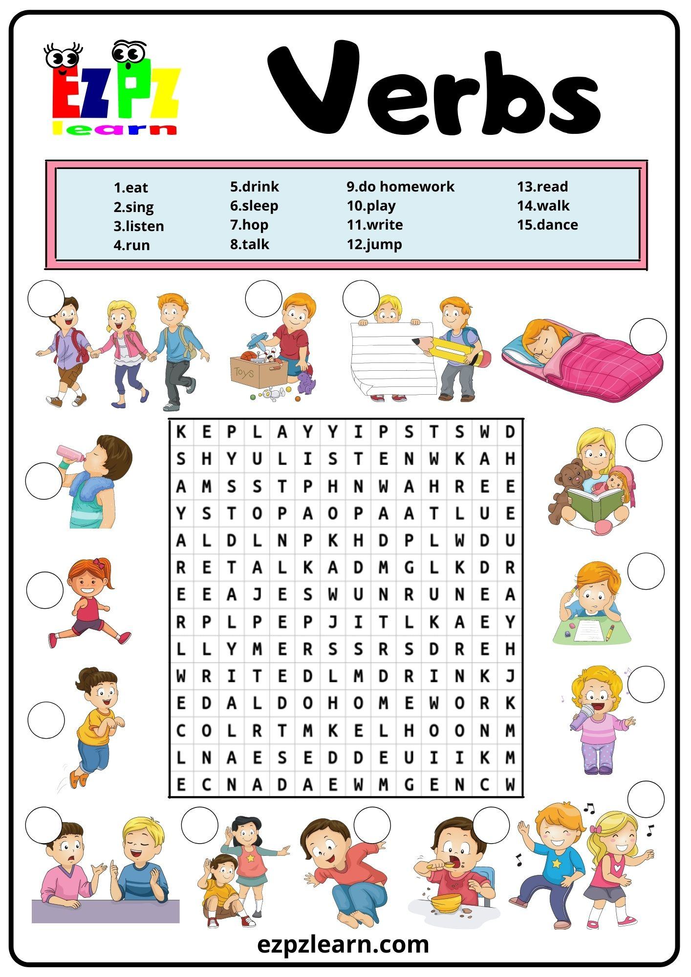 Action Verbs Word Search 2 Free Pdf Download - Ezpzlearn regarding Printable Word Search Verbs
