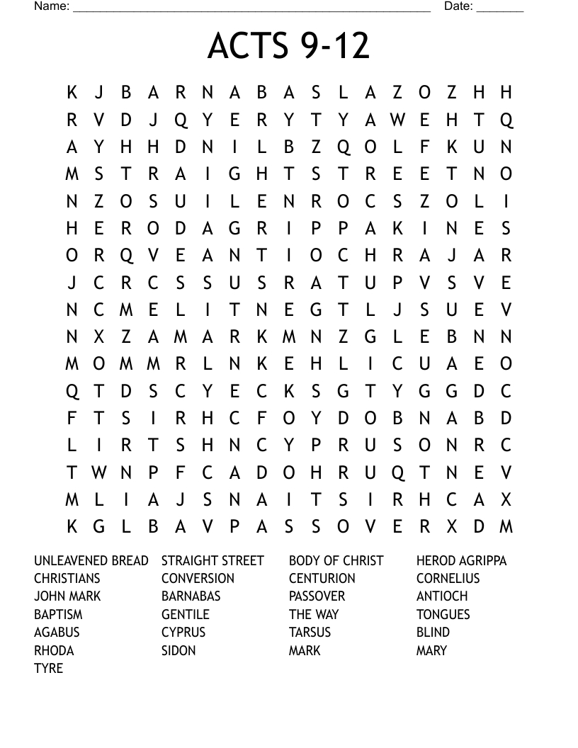 Acts 9-12 Word Search - Wordmint for Word Search For Kids Printable 9-12