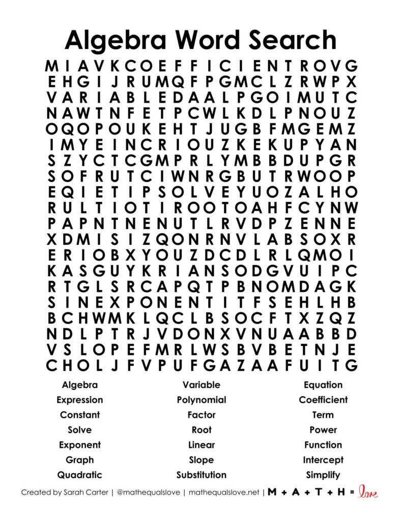 Algebra Word Search Puzzle | Math = Love in Free Printable Word Search High School