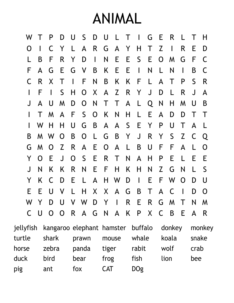 Animals Hard Word Search - Wordmint in Free Printable Word Search Difficult