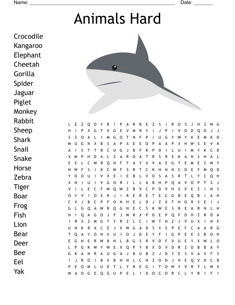 Animals Hard Word Search - Wordmint inside Difficult Word Search Printable