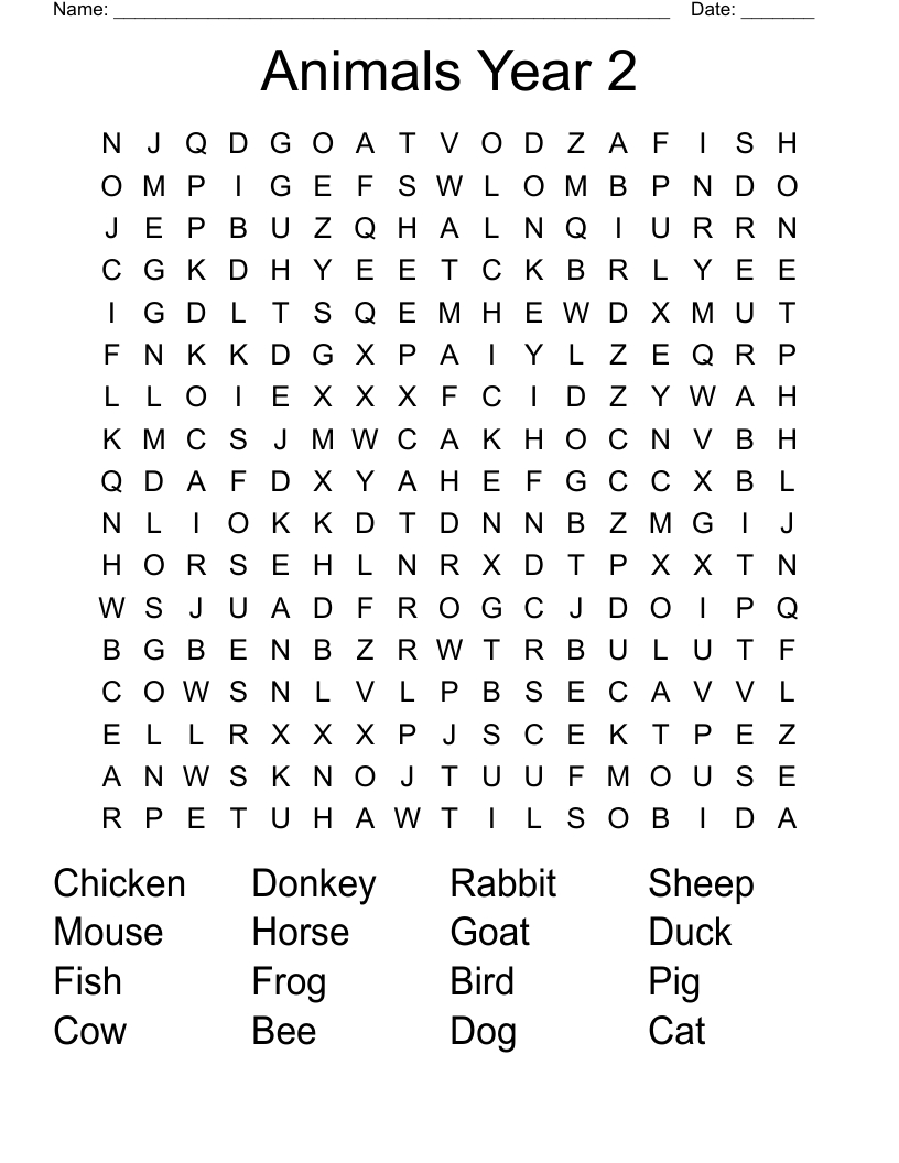 Animals Year 2 Word Search - Wordmint for Grade 2 Word Search Printable