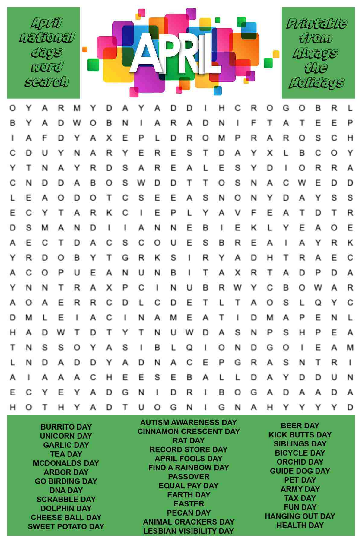 April Word Search Printable - National Days Word Find Puzzle for Printable Word Search April