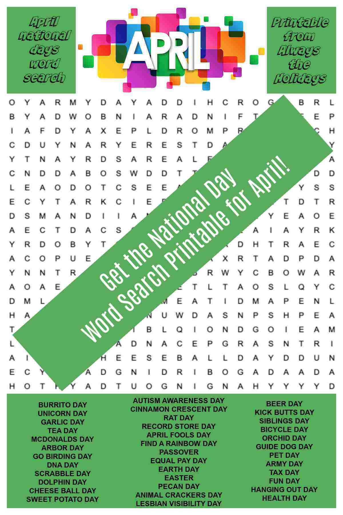 April Word Search Printable - National Days Word Find Puzzle with regard to April Word Search Free Printable