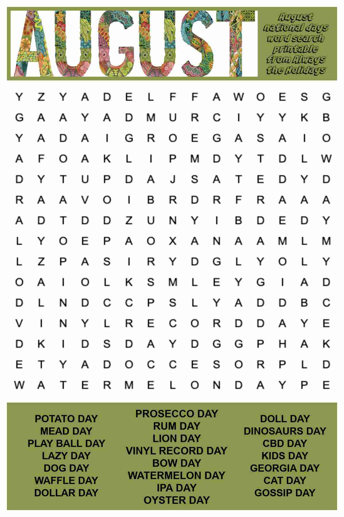 August Word Search Printable - National Days Word Find Puzzle throughout August Word Search Printable