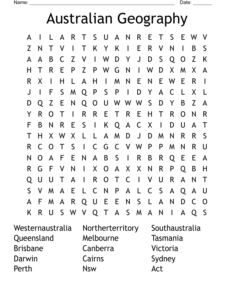 Australian Geography Word Search - Wordmint with Geography Word Search Printable
