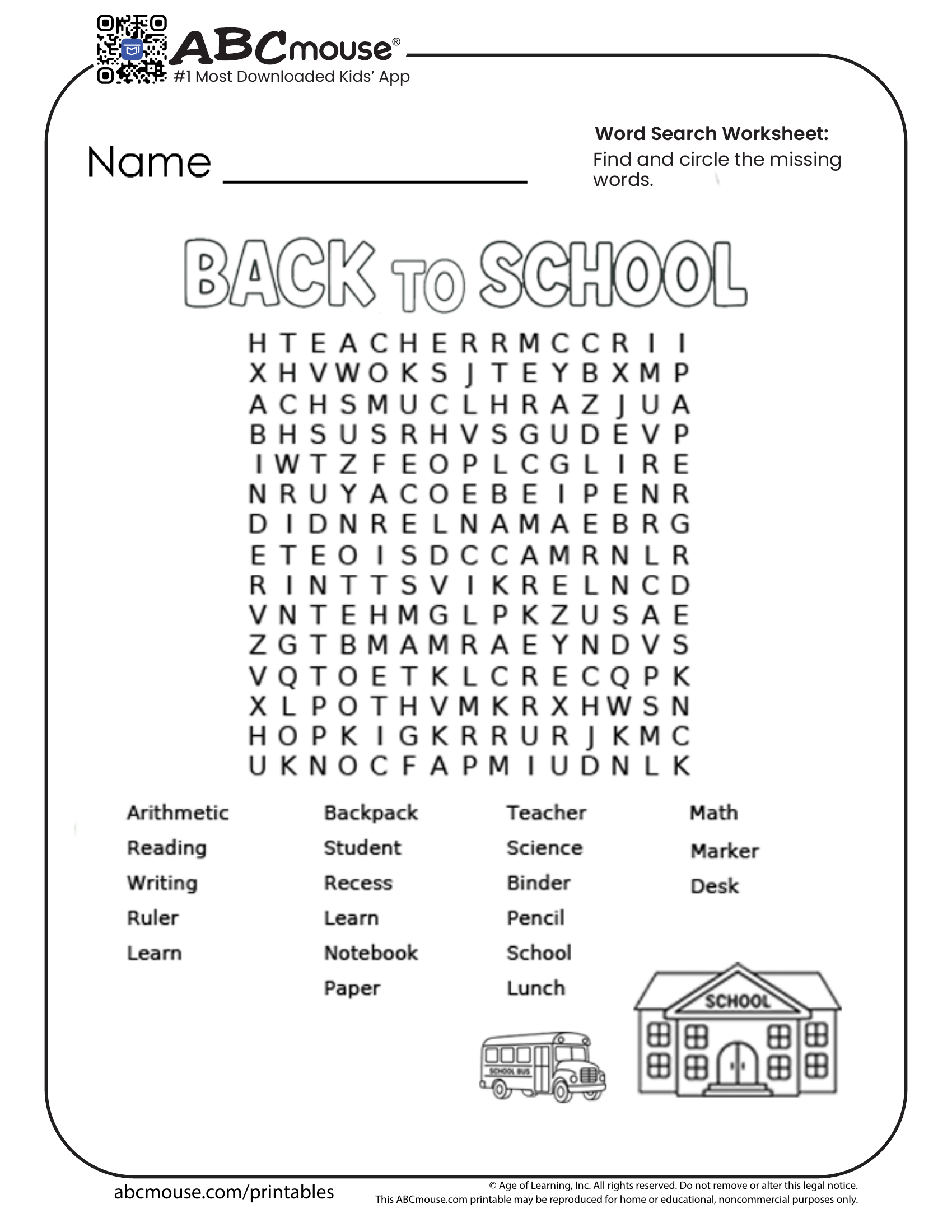 Back To School Worksheets For Kids | Abcmouse in Printable Word Search Elementary School