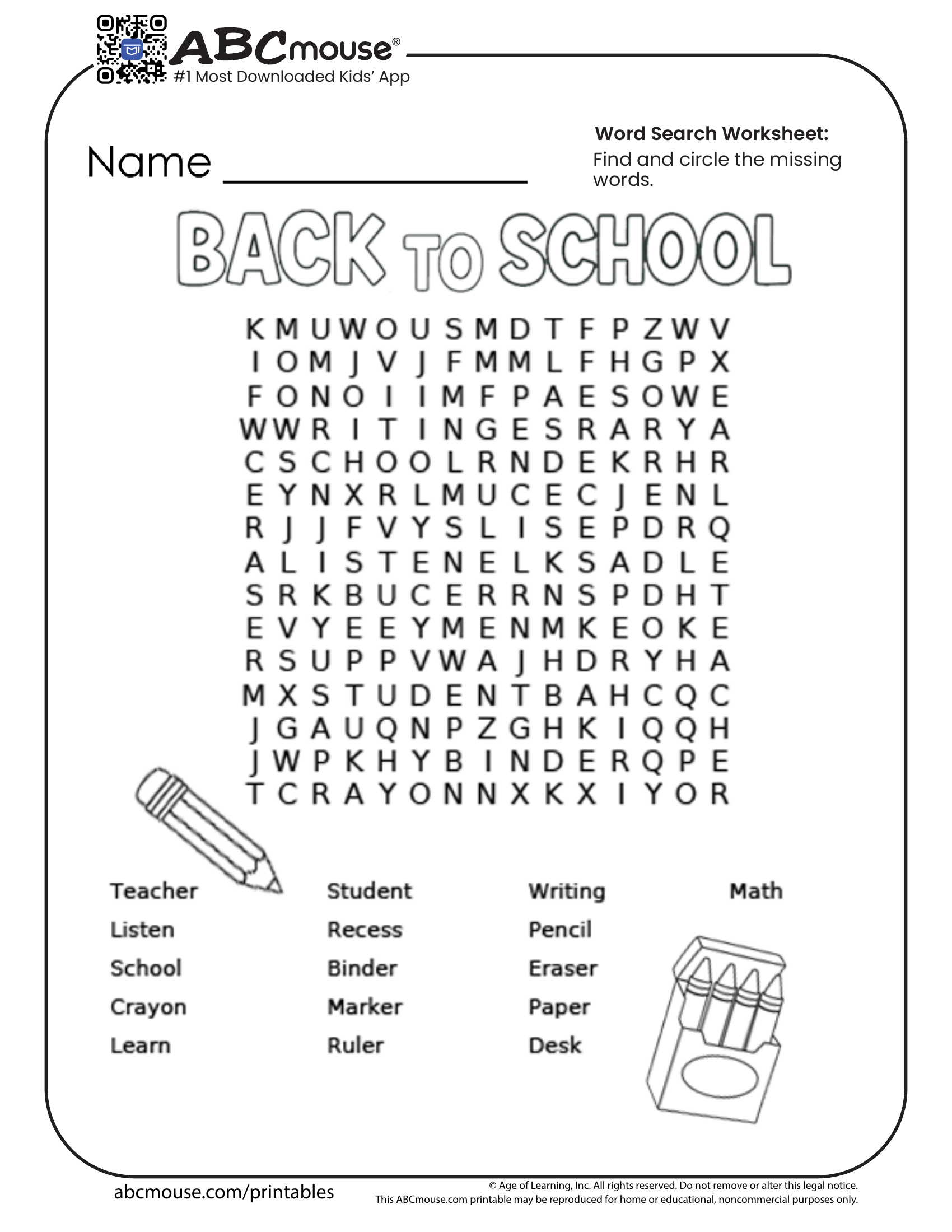 Back To School Worksheets For Kids | Abcmouse within Free Printable Word Search Elementary School