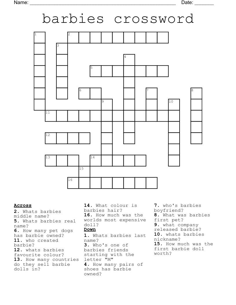 Barbies Crossword - Wordmint with Barbie Word Search Printable