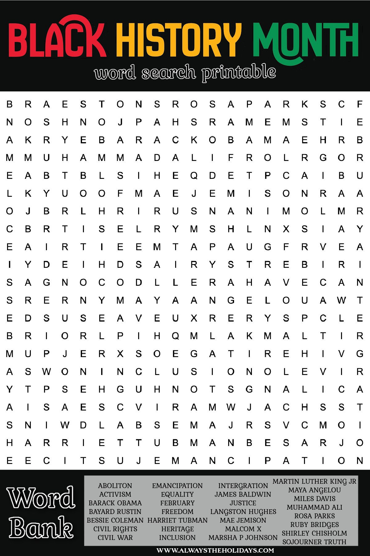 Black History Month Word Search - Free Printable With Answer Key in Free Printable Black History Month Word Search Printable