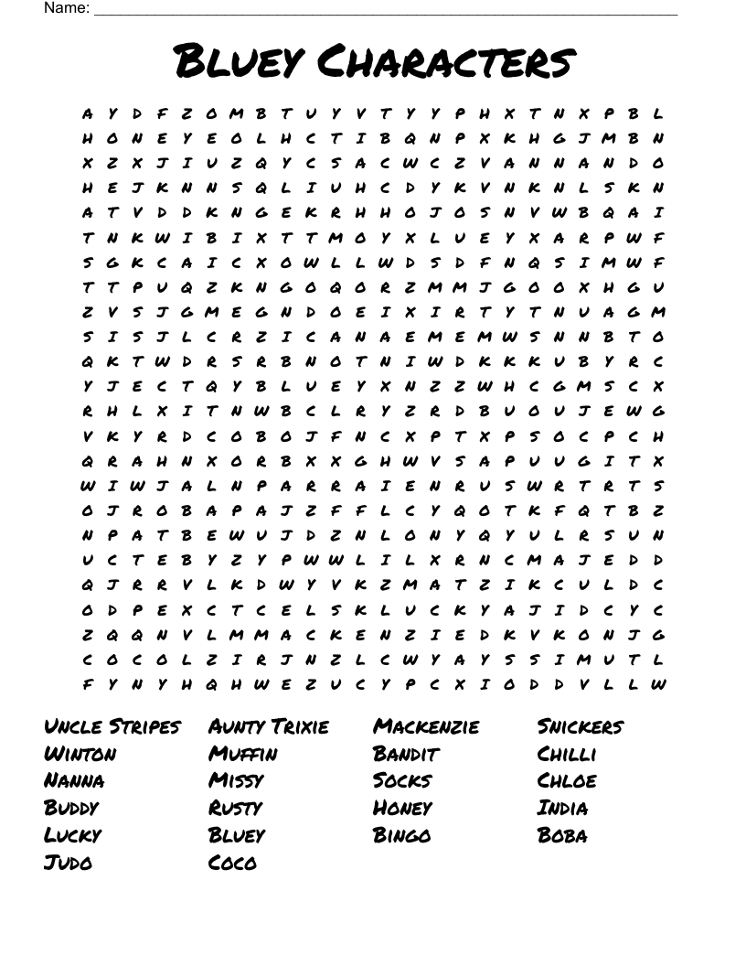 Bluey Characters Word Search - Wordmint regarding Printable Bluey Word Search