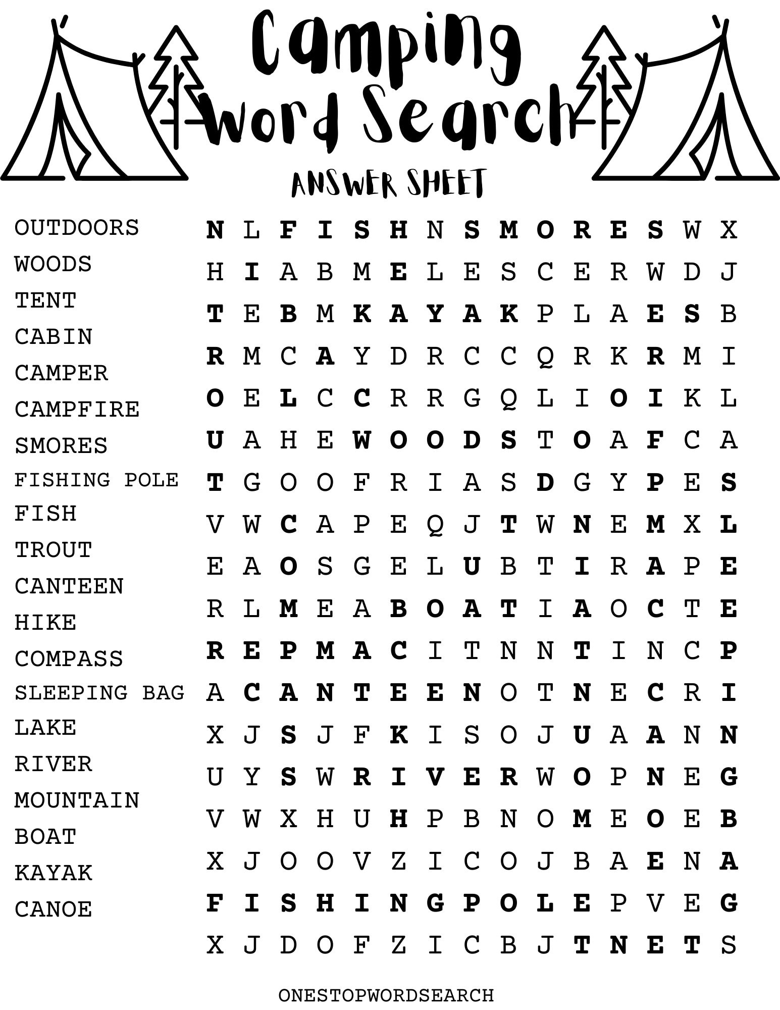 Camping Word Search Puzzle With Answer Sheet, Camping Games pertaining to Camping Word Search Printable