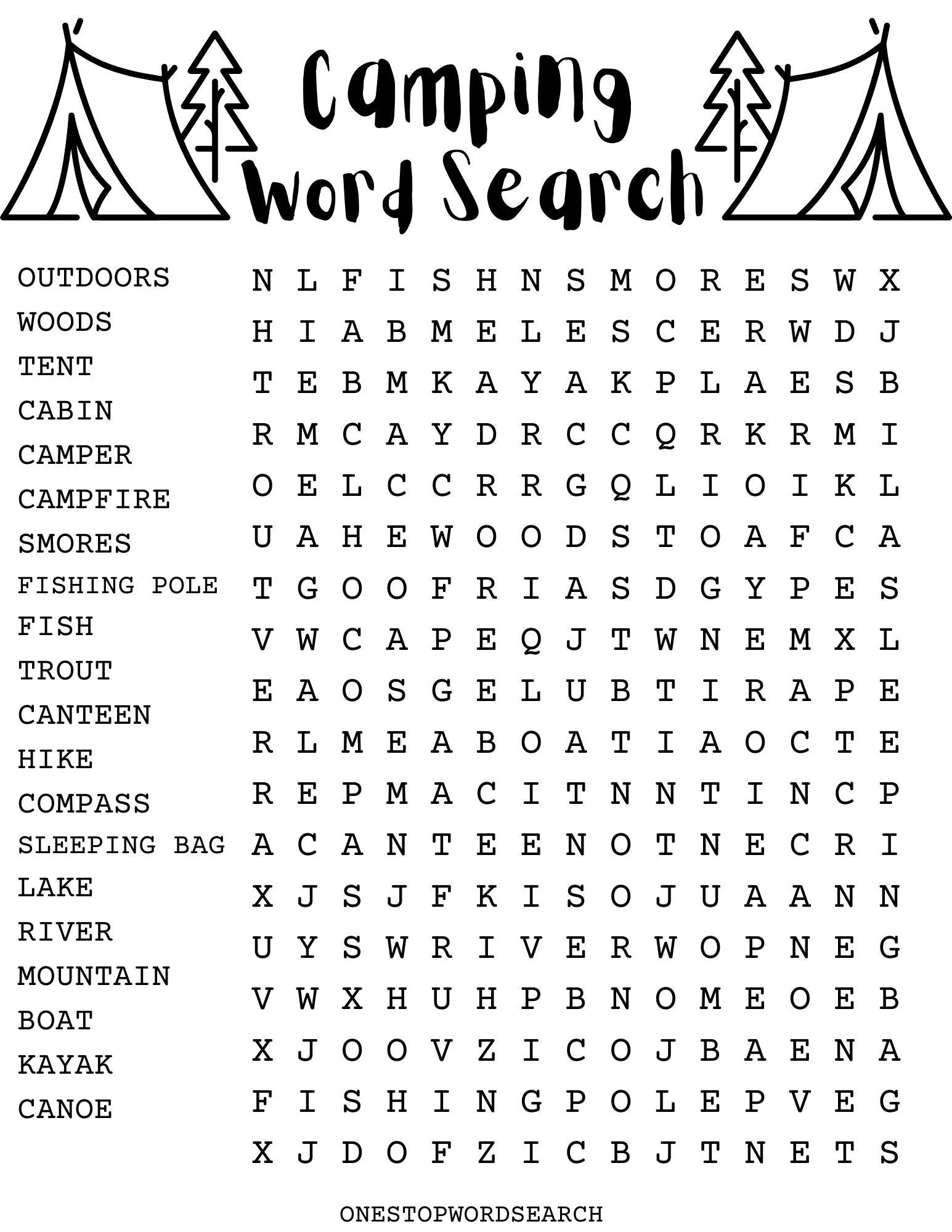 Camping Word Search Puzzle With Answer Sheet, Camping Games with Printable Word Search Puzzles Ca