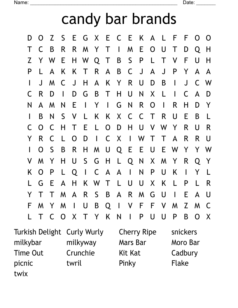 Candy Bar Brands Word Search - Wordmint pertaining to Free Printable Word Search Puzzles Candy